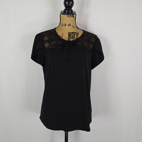 AUW Black Lace Blouse Large Date Night Cocktail Top Flutter Sleeve Chic - Picture 1 of 11